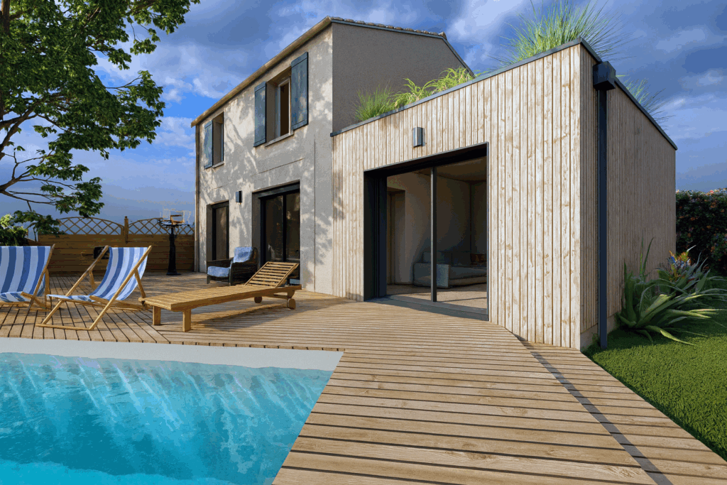 Extension bois de maison contemporaine à toit plat – projet dessiné par Soluplan, dessinatrice en architecture à Lunel (Hérault).