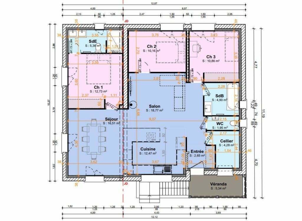 Plan d’aménagement intérieur pour projet de rénovation – réalisé par Soluplan, dessinatrice en architecture à Lunel-Viel (Hérault).