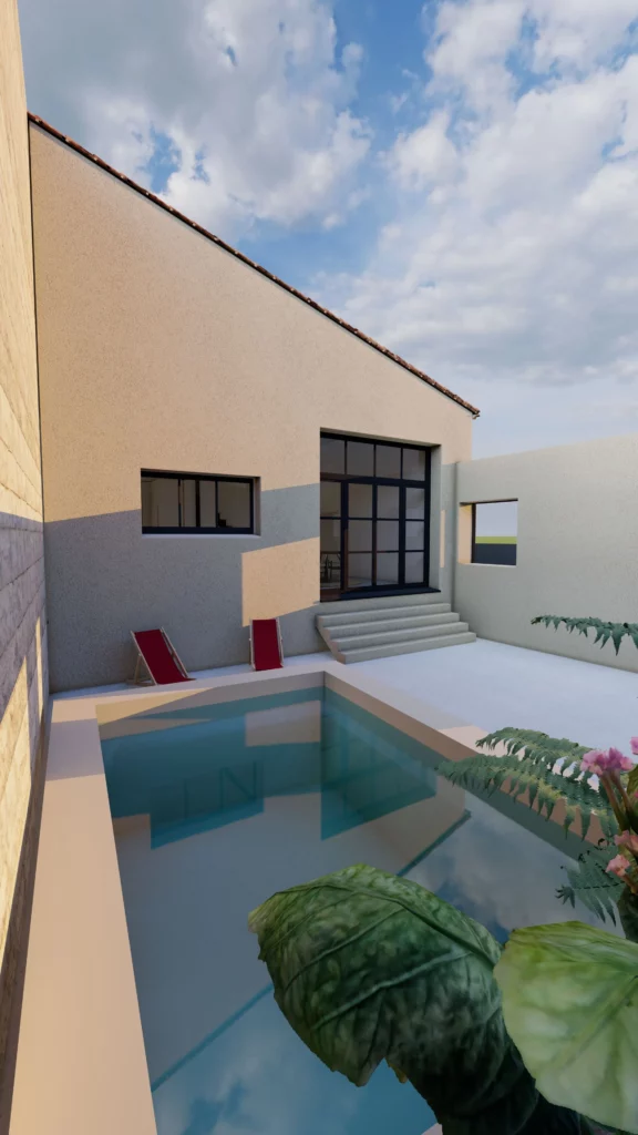 Vue 3D extérieure de la rénovation d'une grange en habitation, permis de construire réalisé par Soluplan