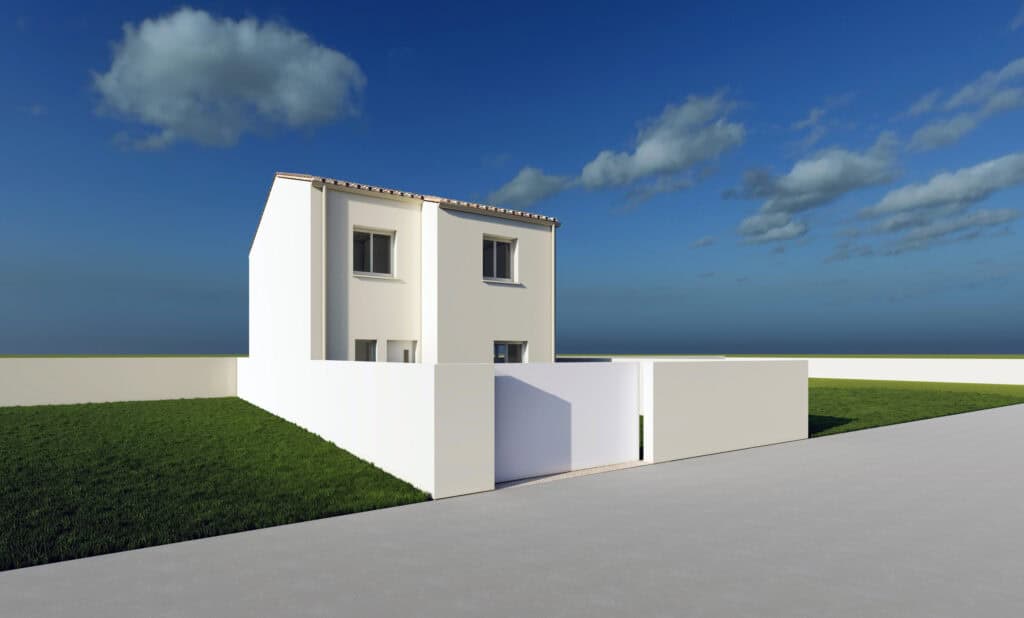 Vue 3D de la maison à étage conçue par Soluplan sur un terrain étroit de lotissement à Saint-Just