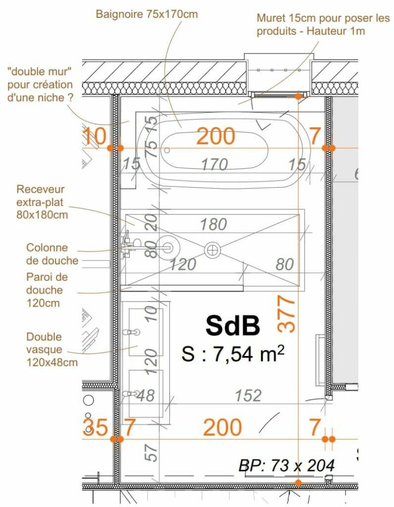 Plan d'aménagement intérieur de la salle de bain de la maison de Sussargues