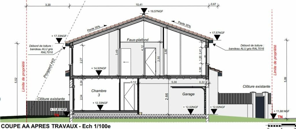 Plan de coupe après travaux de la surélévation du garage, pièce du permis de construire