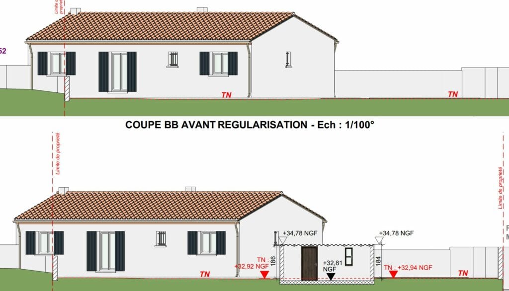 Plans de coupe du local technique avant régularisation, pièce DPC3 du dossier