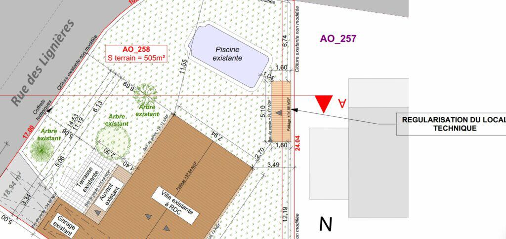 Plan de masse Soluplan pour la régularisation du local technique à Baillargues, pièce DPC2