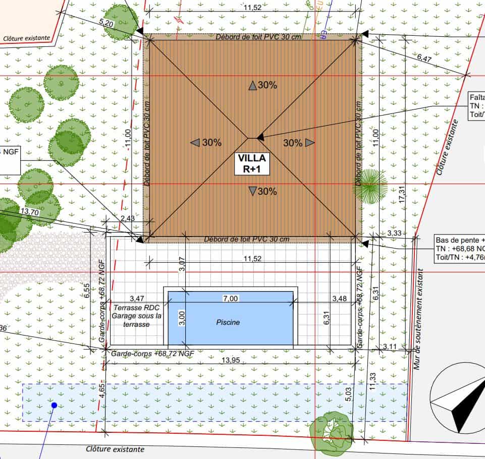 Extrait du plan de masse : maison, terrasse et piscine sur le terrain de Sussargues