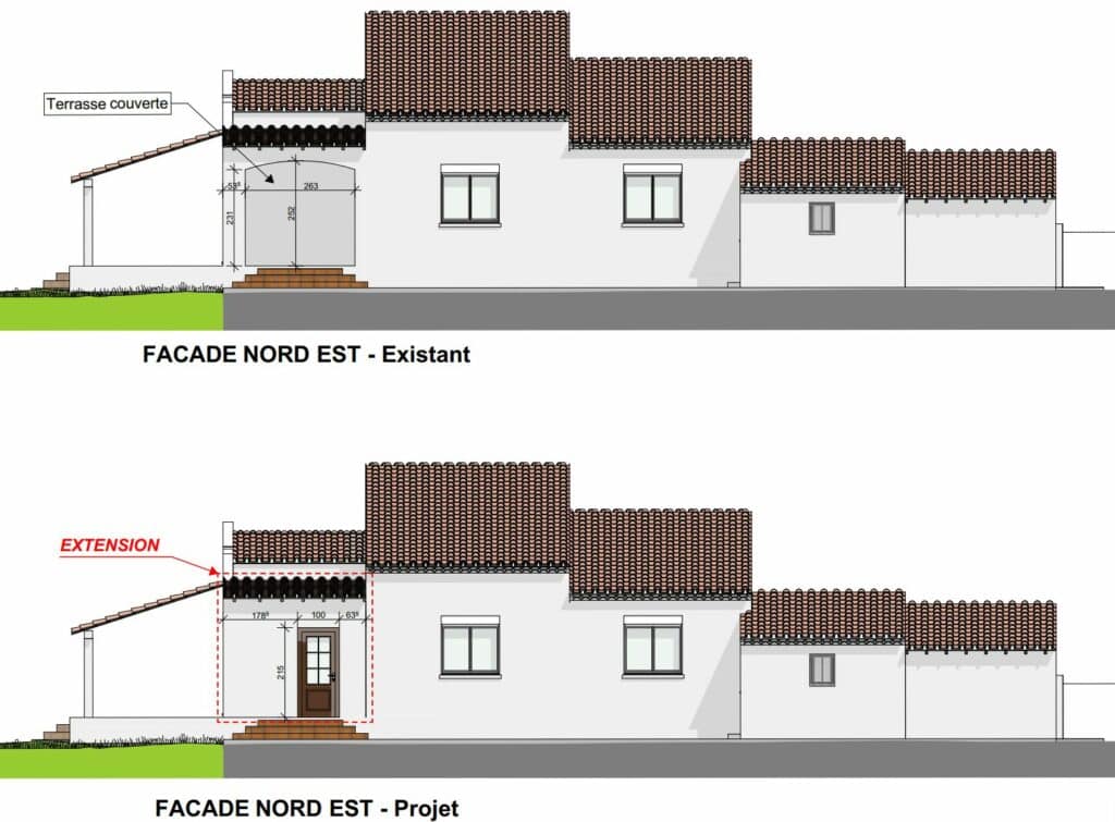 Plans de façade nord-est avant et après : la terrasse couverte reçoit des menuiseries, Aimargues