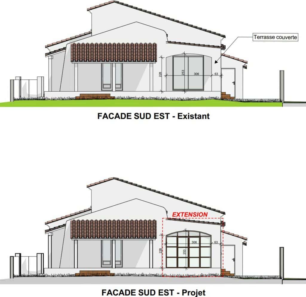 Plans de façade sud-est avant et après la fermeture de la terrasse couverte à Aimargues
