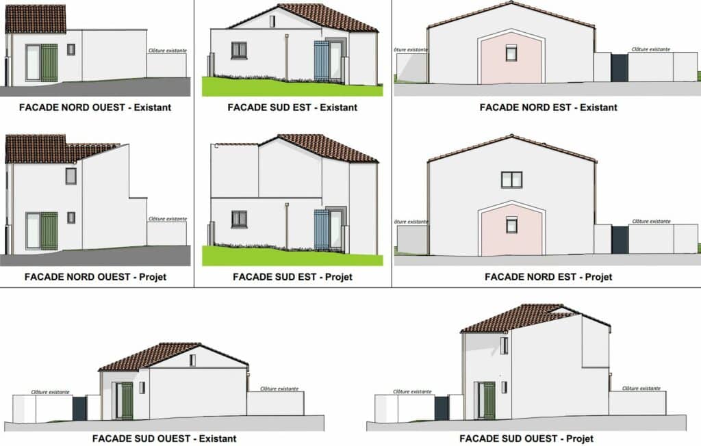 Planche des façades existant et projet de la surélévation à Lunel, dessinée par Soluplan