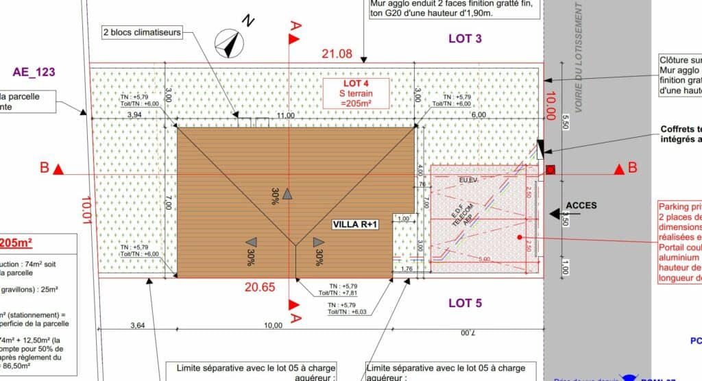 Plan de masse du permis de construire, lot étroit de 205 m² en lotissement à Saint-Just