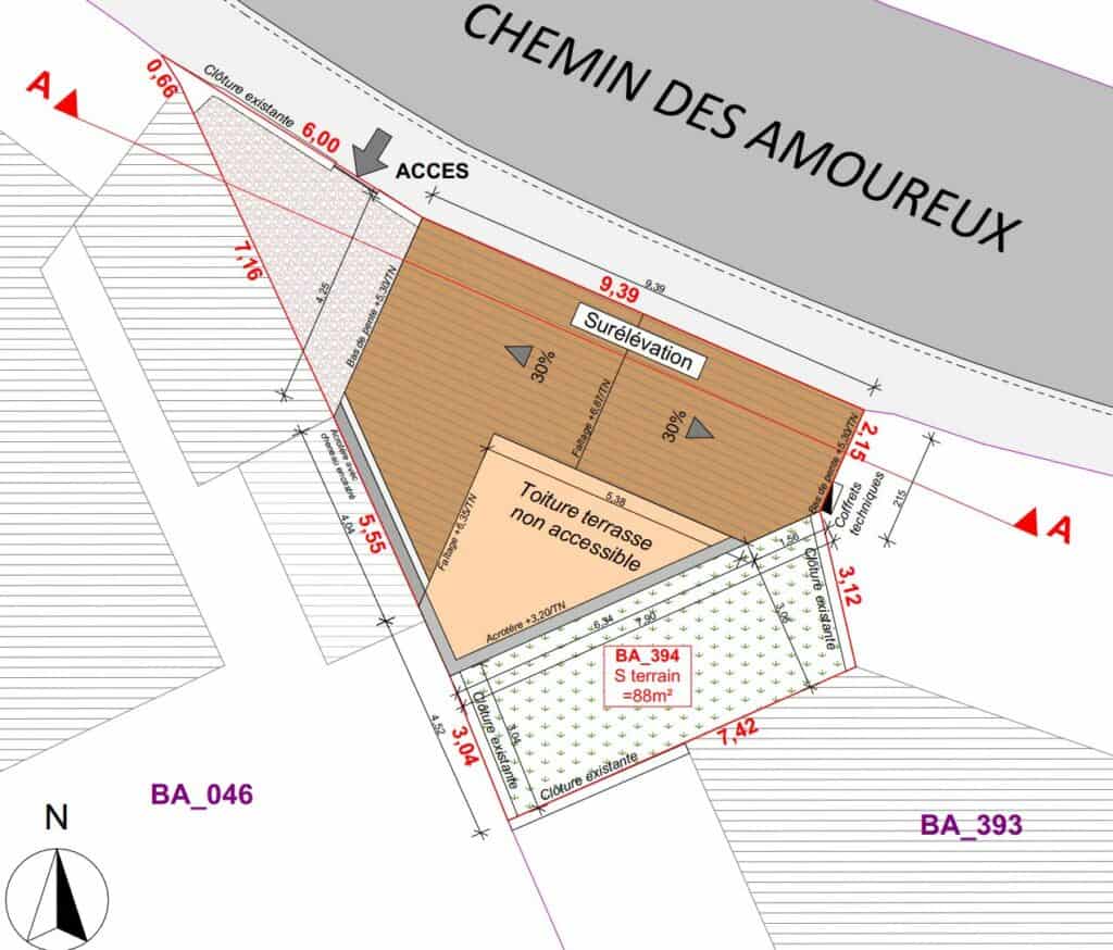 Plan de masse Soluplan de la surélévation à Lunel, parcelle d'angle chemin des Amoureux