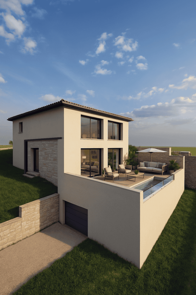 Vue 3D de la maison à étage avec piscine conçue par Soluplan à Sussargues